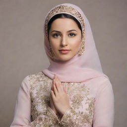 A beautiful woman in traditional Muslim attire with a peaceful expression