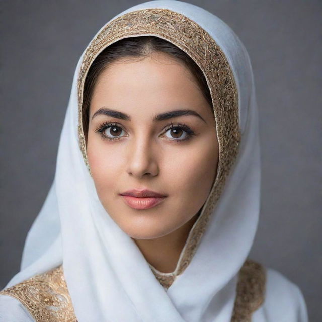 A beautiful woman in traditional Muslim attire with a peaceful expression