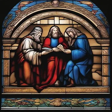 The bistered stain on the church's stained glass windows depicted a religious scene from the Bible.