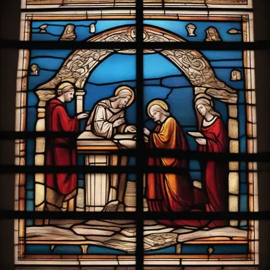 The bistered stain on the church's stained glass windows depicted a religious scene from the Bible.