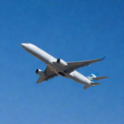 A sleek, modern airplane soaring high in a clear blue sky