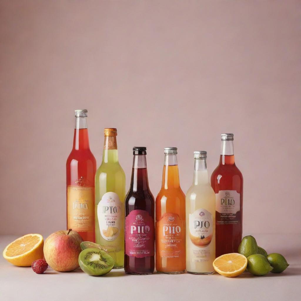 A collection of different flavoured drinks from the brand 'Pio', neatly arranged and displayed under perfect lighting.