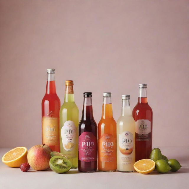 A collection of different flavoured drinks from the brand 'Pio', neatly arranged and displayed under perfect lighting.