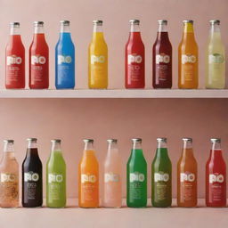 A collection of different flavoured drinks from the brand 'Pio', neatly arranged and displayed under perfect lighting.