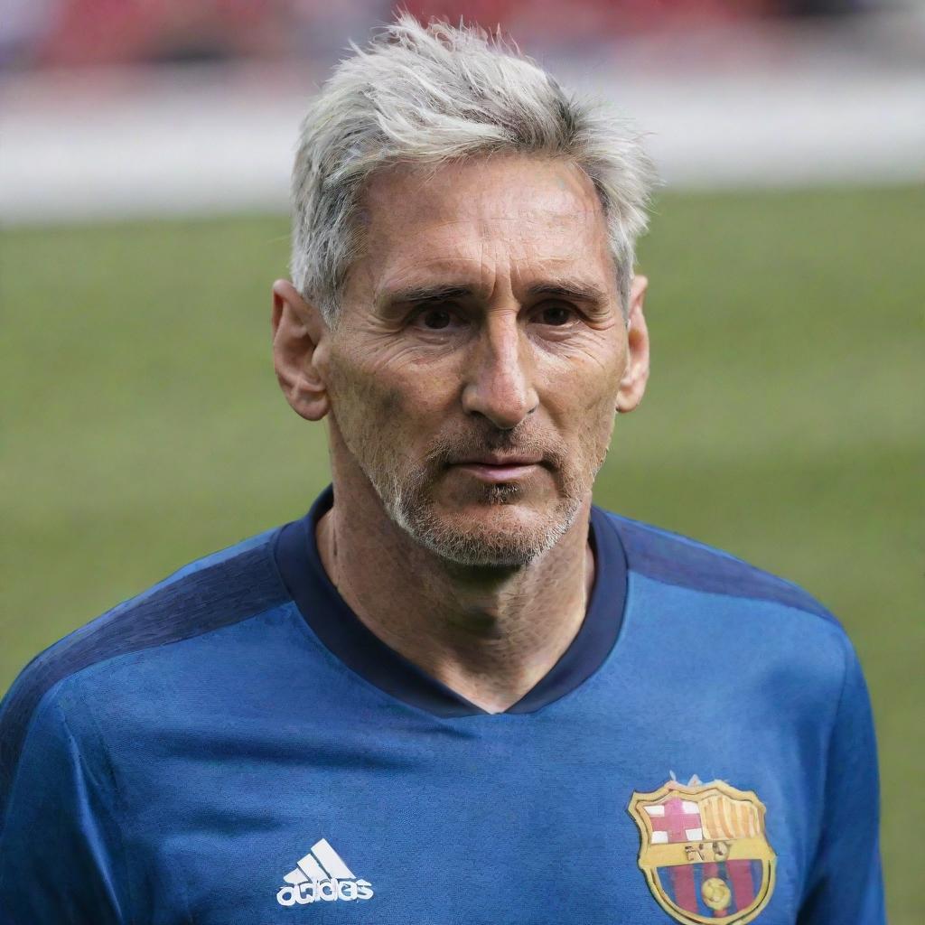 Aged Lionel Messi, with grey hair and deep wrinkles on his face, still donning his iconic football jersey.