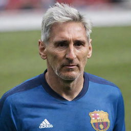 Aged Lionel Messi, with grey hair and deep wrinkles on his face, still donning his iconic football jersey.