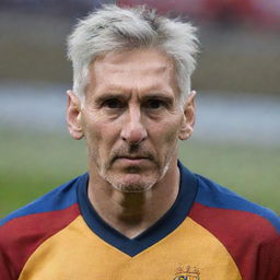 Aged Lionel Messi, with grey hair and deep wrinkles on his face, still donning his iconic football jersey.