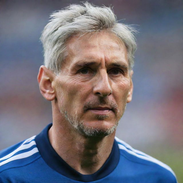 Aged Lionel Messi, with grey hair and deep wrinkles on his face, still donning his iconic football jersey.