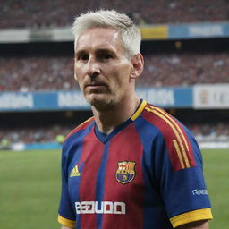 Aged Lionel Messi, with grey hair and deep wrinkles on his face, still donning his iconic football jersey.