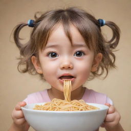 Anime-style depiction of an adorable little girl enjoying a bowl of noodles, with focus on her expressive eyes and the strands of noodles she's slurping in with gusto.