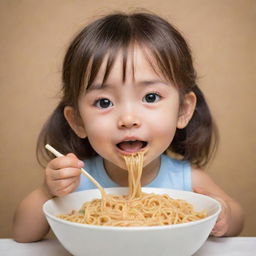 Anime-style depiction of an adorable little girl enjoying a bowl of noodles, with focus on her expressive eyes and the strands of noodles she's slurping in with gusto.