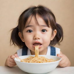 Anime-style depiction of an adorable little girl enjoying a bowl of noodles, with focus on her expressive eyes and the strands of noodles she's slurping in with gusto.