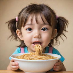 Anime-style depiction of an adorable little girl enjoying a bowl of noodles, with focus on her expressive eyes and the strands of noodles she's slurping in with gusto.