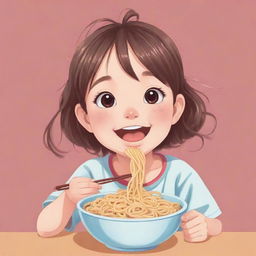 Anime style illustration of a cute little girl joyfully eating noodles for a logo.