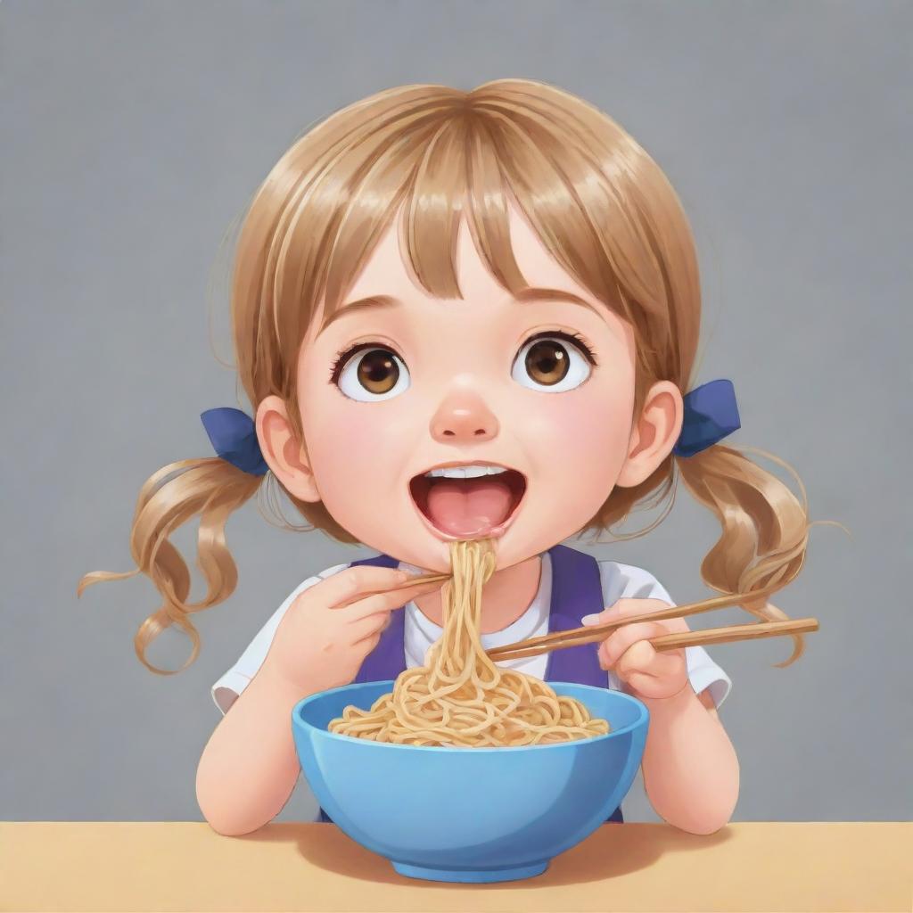 Anime style illustration of a cute little girl joyfully eating noodles for a logo.