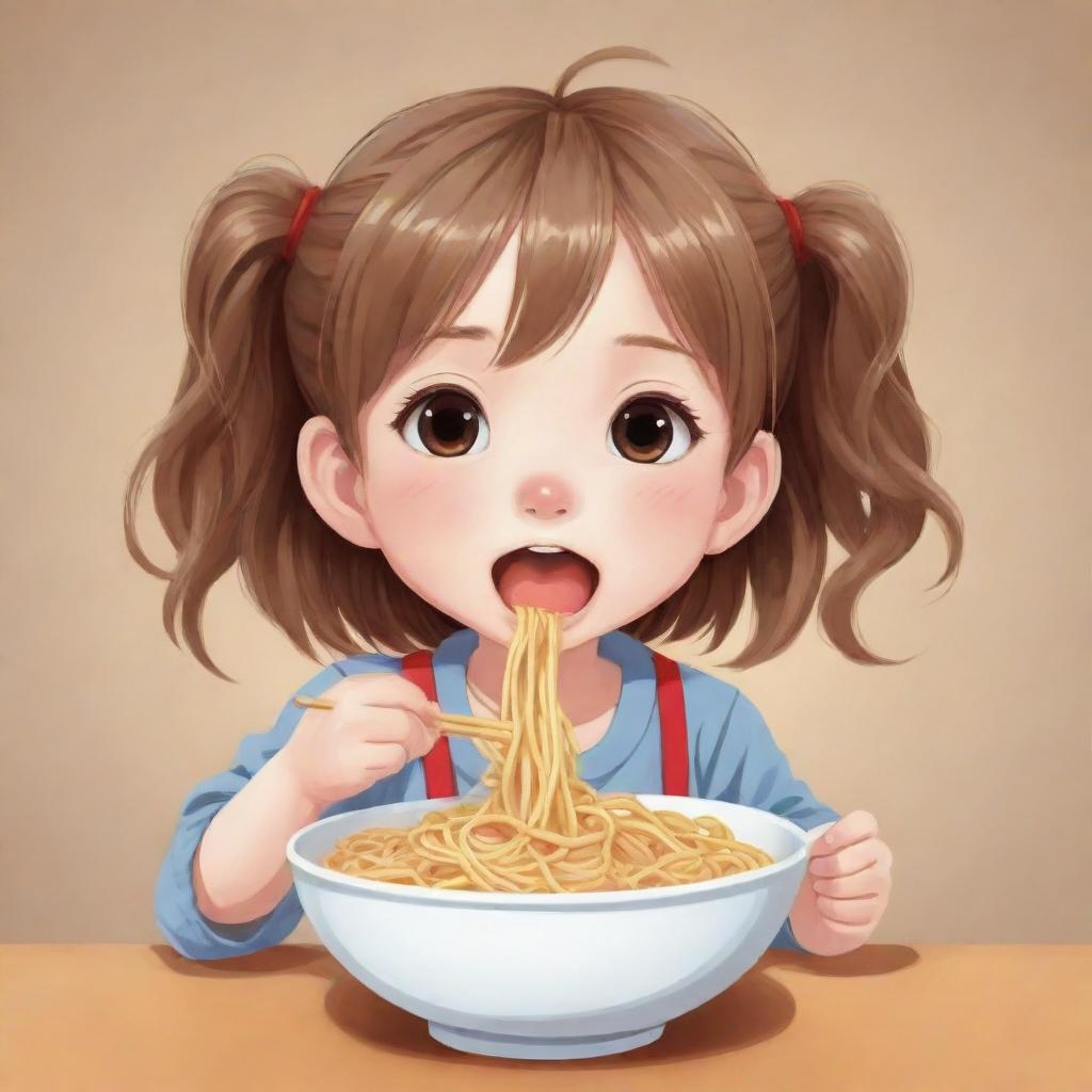 Anime style illustration of a cute little girl joyfully eating noodles for a logo.