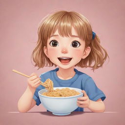 Anime style illustration of a cute little girl joyfully eating noodles for a logo.