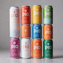 Various Pio branded drinks in a multitude of flavors, each with a unique design.