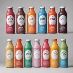 Various Pio branded drinks in a multitude of flavors, each with a unique design.