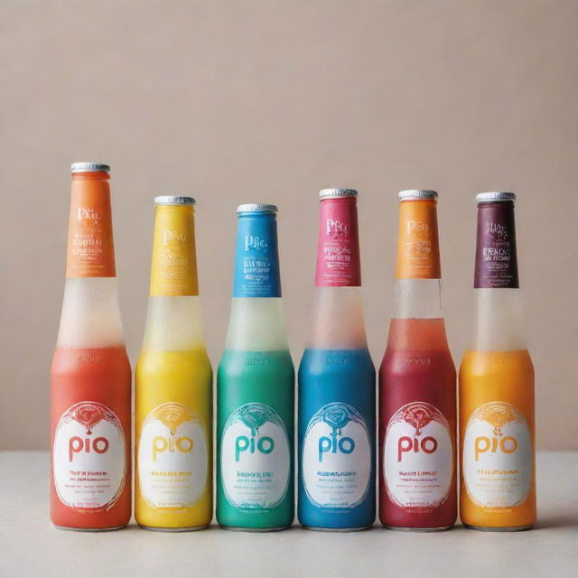 Various Pio branded drinks in a multitude of flavors, each with a unique design.