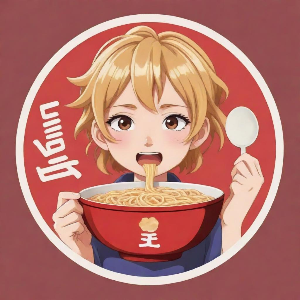 Stylized anime logo featuring a lighthearted character jovially consuming a bowl of ramen noodles.