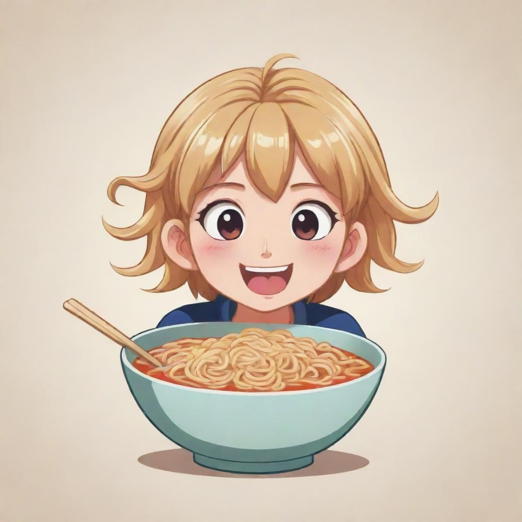 Stylized anime logo featuring a lighthearted character jovially consuming a bowl of ramen noodles.