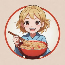 Stylized anime logo featuring a lighthearted character jovially consuming a bowl of ramen noodles.