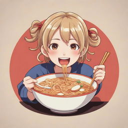 Stylized anime logo featuring a lighthearted character jovially consuming a bowl of ramen noodles.