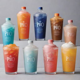 Collection of cold Pio branded drinks displaying a variety of flavors, each with a bespoke design.