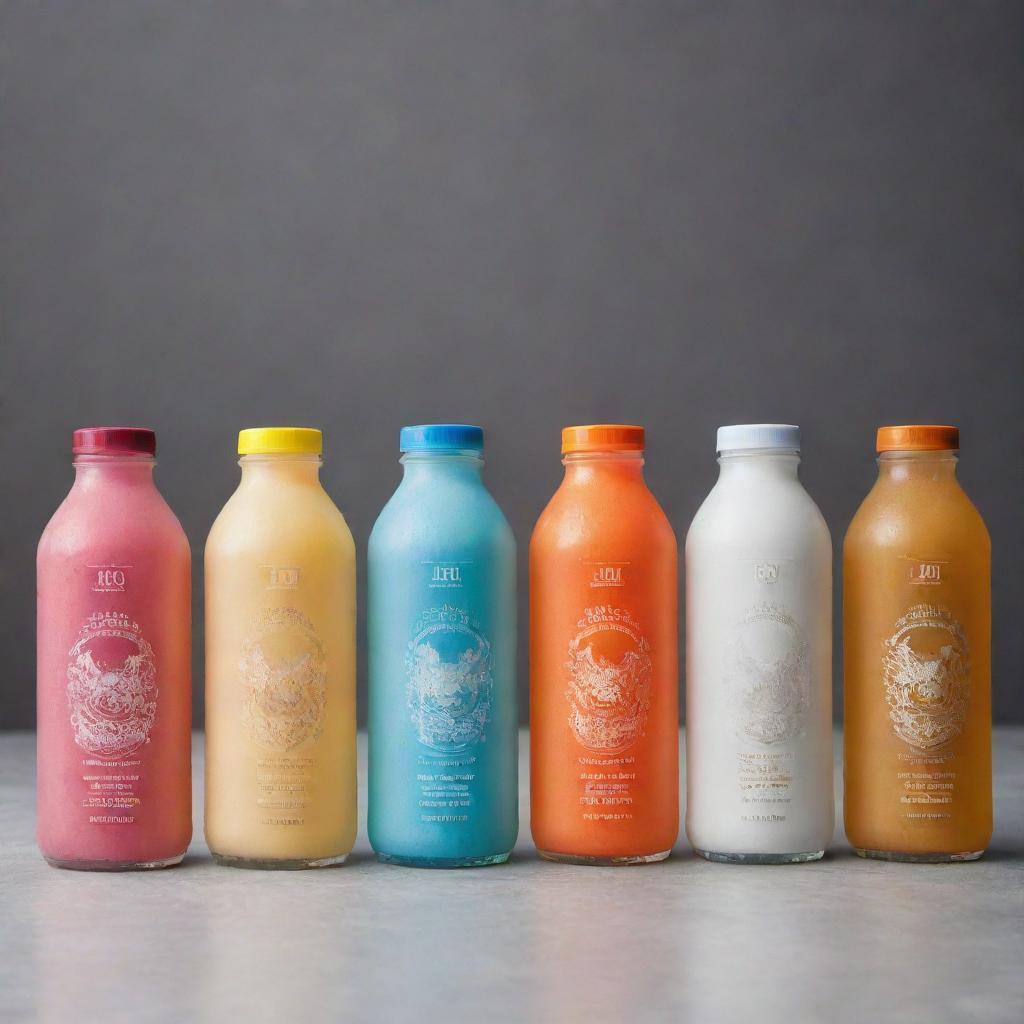 Collection of cold Pio branded drinks displaying a variety of flavors, each with a bespoke design.