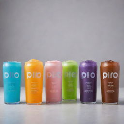 Collection of cold Pio branded drinks displaying a variety of flavors, each with a bespoke design.