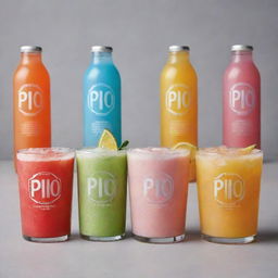 Collection of cold Pio branded drinks displaying a variety of flavors, each with a bespoke design.