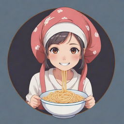 Anime style logo featuring a cute character adorned with a head scarf, possibly enjoying a bowl of noodles.