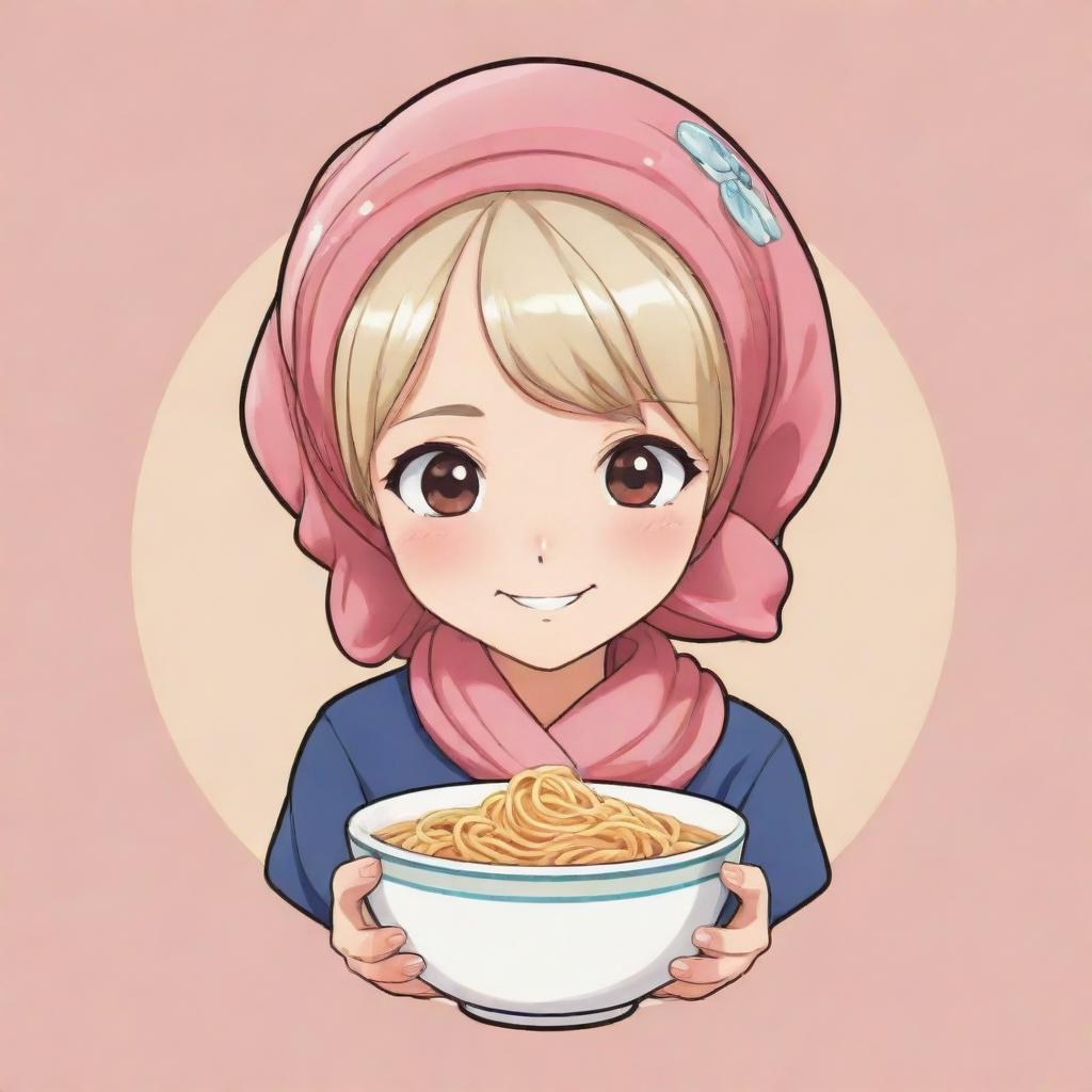 Anime style logo featuring a cute character adorned with a head scarf, possibly enjoying a bowl of noodles.