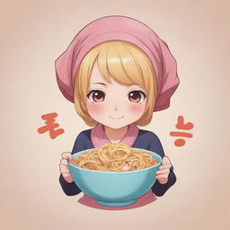 Anime style logo featuring a cute character adorned with a head scarf, possibly enjoying a bowl of noodles.