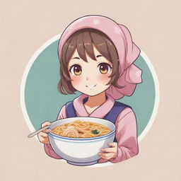 Anime style logo featuring a cute character adorned with a head scarf, possibly enjoying a bowl of noodles.