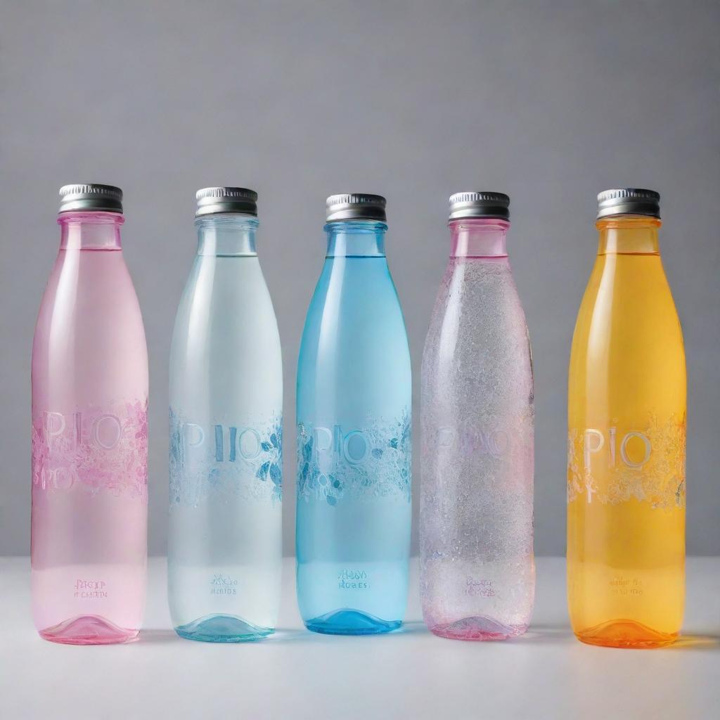 An assortment of Pio brand mineral water bottles, each boasting its own unique and creative design.