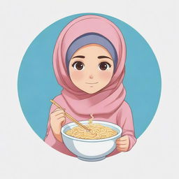 Logo creation of an innocent, cute anime character, notably a Muslim girl wearing a headscarf, gently enjoying a bowl of noodles.