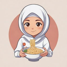 Logo creation of an innocent, cute anime character, notably a Muslim girl wearing a headscarf, gently enjoying a bowl of noodles.