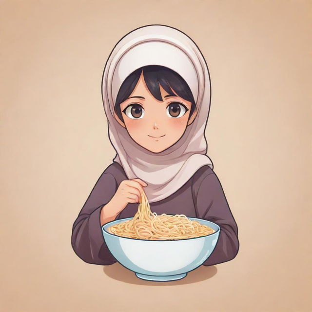 Logo creation of an innocent, cute anime character, notably a Muslim girl wearing a headscarf, gently enjoying a bowl of noodles.