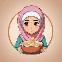 Logo creation of an innocent, cute anime character, notably a Muslim girl wearing a headscarf, gently enjoying a bowl of noodles.