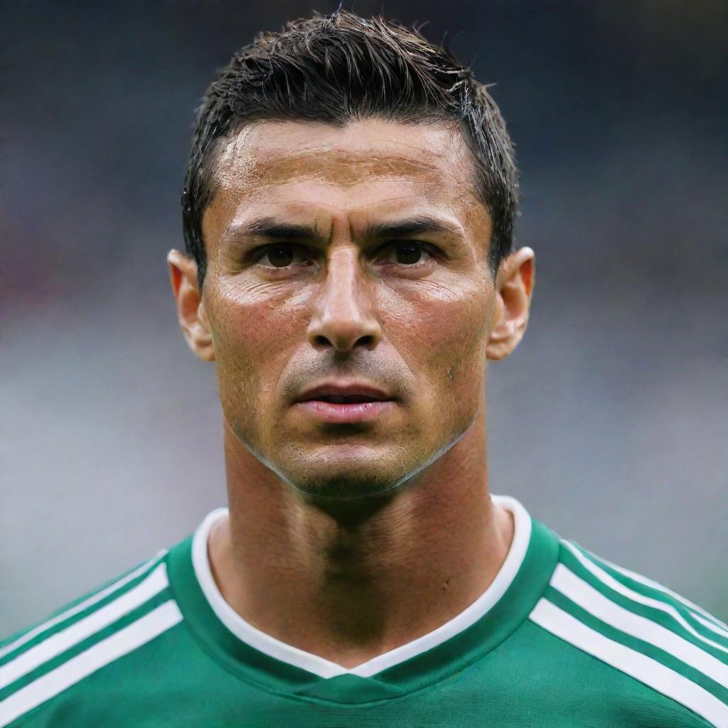 An aged Cristiano Ronaldo, his face etched with the marks of age and wisdom but still fit and in a football uniform.