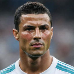 An aged Cristiano Ronaldo, his face etched with the marks of age and wisdom but still fit and in a football uniform.