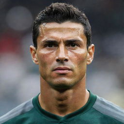 An aged Cristiano Ronaldo, his face etched with the marks of age and wisdom but still fit and in a football uniform.