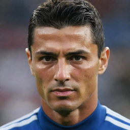 An aged Cristiano Ronaldo, his face etched with the marks of age and wisdom but still fit and in a football uniform.