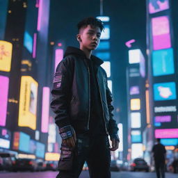 A young boy in a cyberpunk setting, with a futuristic outfit that blends techwear and neon accents. He stands against a backdrop of towering neon-lit skyscrapers and digital billboards.