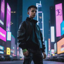 A young boy in a cyberpunk setting, with a futuristic outfit that blends techwear and neon accents. He stands against a backdrop of towering neon-lit skyscrapers and digital billboards.