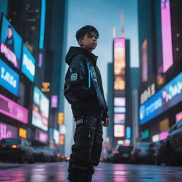 A young boy in a cyberpunk setting, with a futuristic outfit that blends techwear and neon accents. He stands against a backdrop of towering neon-lit skyscrapers and digital billboards.