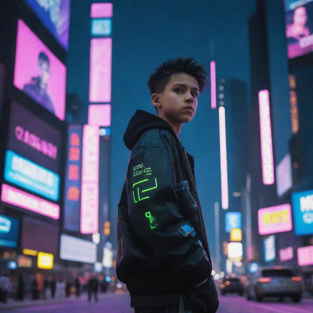 A young boy in a cyberpunk setting, with a futuristic outfit that blends techwear and neon accents. He stands against a backdrop of towering neon-lit skyscrapers and digital billboards.