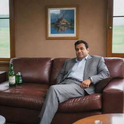 The CEO of the Pio Beverage company, a Pathan from Pakistan, relaxing alone in a comfortable setting, reflecting his cultural background.